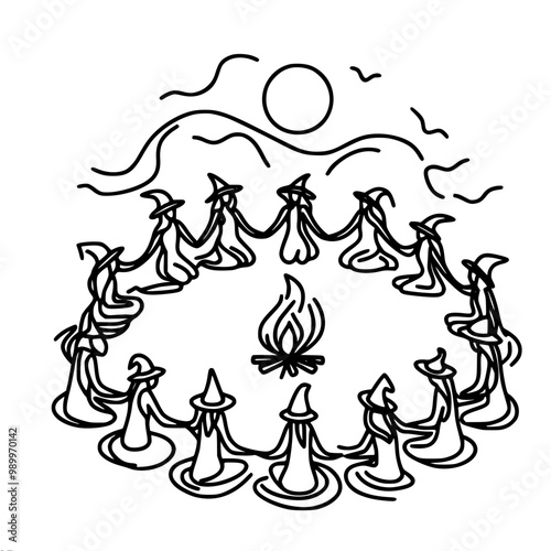 Stylized linear vector image of witch figures twelve figures wearing pointed hats kneeling around a central flame with a crescent moon and wavy lines at the top, done in two concentric circles.