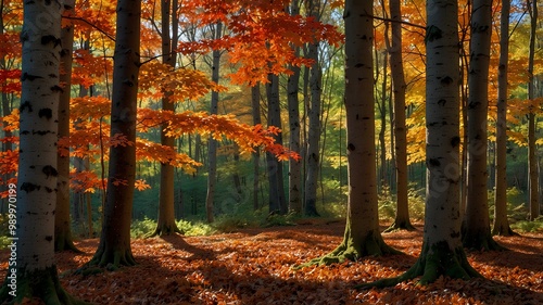 Maple Breeze Symphony. Vibrant red and orange maple leaves dancing in the breeze with sunlight filtering through the forest. Realistic style. photo