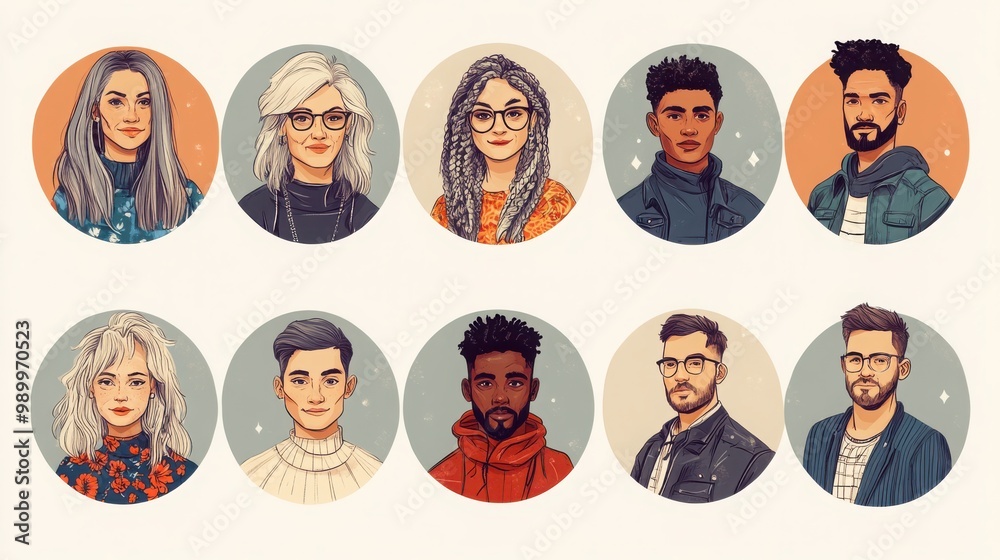 a set of realistic illustrated avatars in circular frames, featuring diverse individuals. Each character displays a range of ethnicities, ages, and personal styles a set of realistic illustrated avatars in circular frames, featuring diverse individuals. Each character displays a range of ethnicities, ages, and personal styles