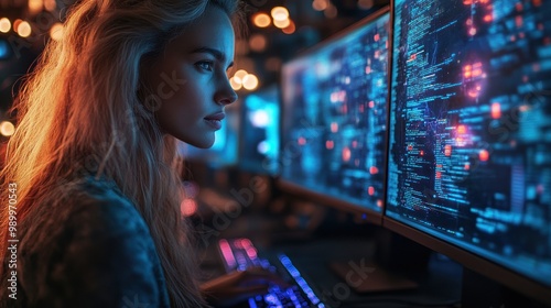 Woman coding at night