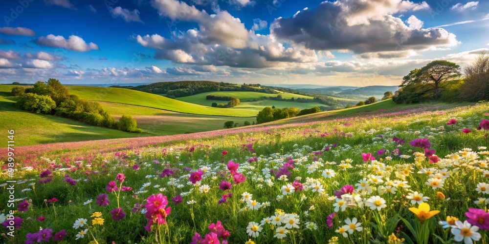 Serene Primrose Triangle Landscape with Lush Green Fields and Vibrant Wildflowers Under Clear Sky Serene Primrose Triangle Landscape with Lush Green Fields and Vibrant Wildflowers Under Clear Sky