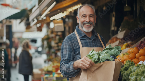 Cheerful Street Vendor Running a Small Farm Market Business, Selling Sustainable Fruits and Vegetables. Happy Middle Aged Man Filling a Recycled Paper Shopping Bag with Local Natural Food .