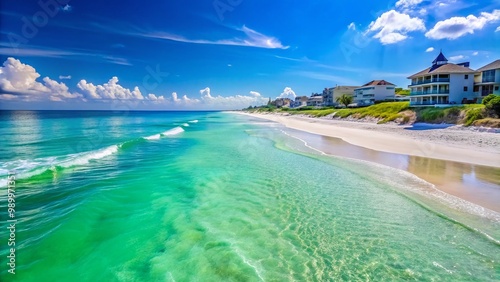 Serene Rosemary Beach Scenes with Crystal Clear Water and Sandy Shores Under a Bright Blue Sky photo