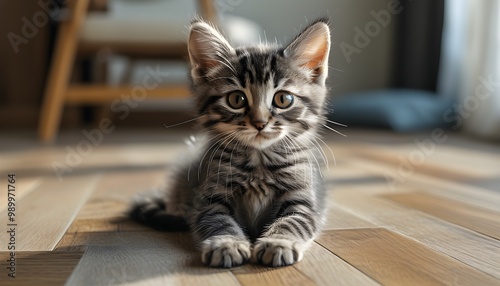 Adorable striped gray kitten lounging playfully on the floor in a cozy room