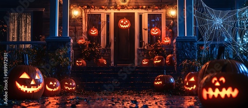 House decked out with Halloween decorations including jack-o-lanterns and spooky webs.