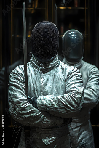 A fencing mask and swords resting on a table, with two fencers in white uniforms standing behind with arms crossed, the gym's harsh lights creating stark shadows, their focused gazes locked ahead photo