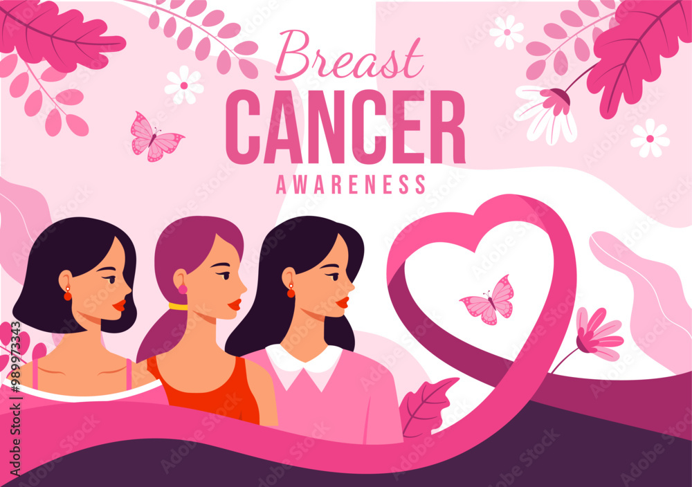 Breast Cancer Awareness Month Vector Illustration of Diverse Women with Pink Support Ribbon for Healthcare Campaign Solidarity in a Flat Background Breast Cancer Awareness Month Vector Illustration of Diverse Women with Pink Support Ribbon for Healthcare Campaign Solidarity in a Flat Background