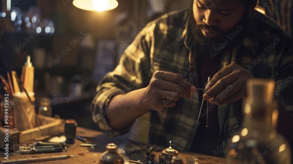 Naklejka premium Skilled technician holding precision screwdriver, meticulously repairing small electronic device on clean workbench. Detailed repair process in focus.