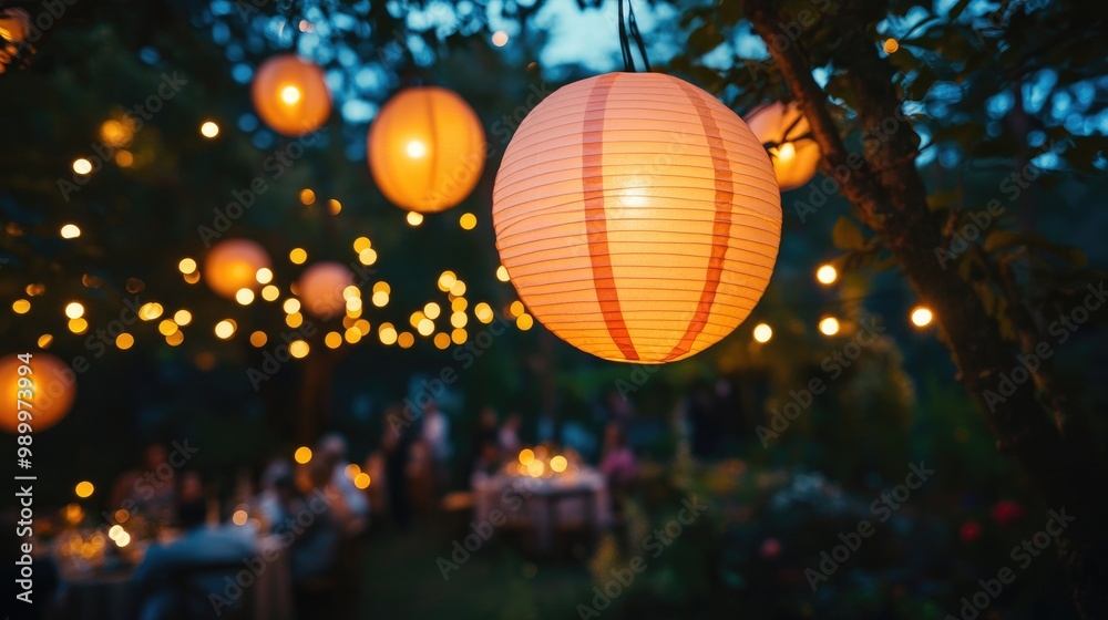 Fototapeta premium Ambient lighting from paper lanterns hanging over a garden party at dusk.