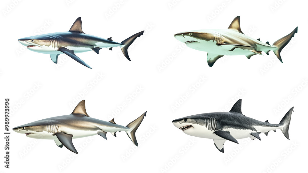 Four realistic shark illustrations showcase different species with detailed features and textures, highlighting their unique characteristics and powerful presence. Four realistic shark illustrations showcase different species with detailed features and textures, highlighting their unique characteristics and powerful presence.