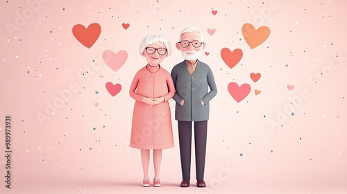 happy elderly couple of pensioners in retro pastel clothing with heart shapes representing their enduring love and romance, enjoying their senior years with affection and joy in a lifelong relationshi photo