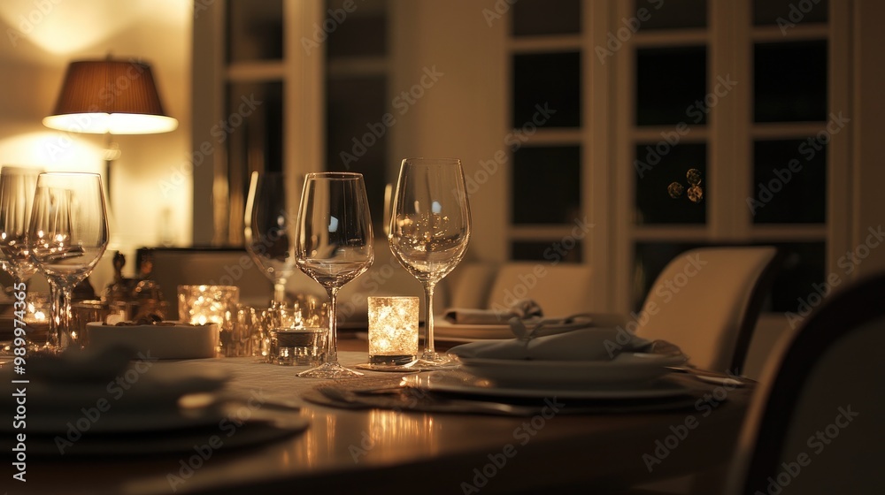 Ambient lighting illuminating an elegant dining room set for an intimate dinner. Ambient lighting illuminating an elegant dining room set for an intimate dinner.