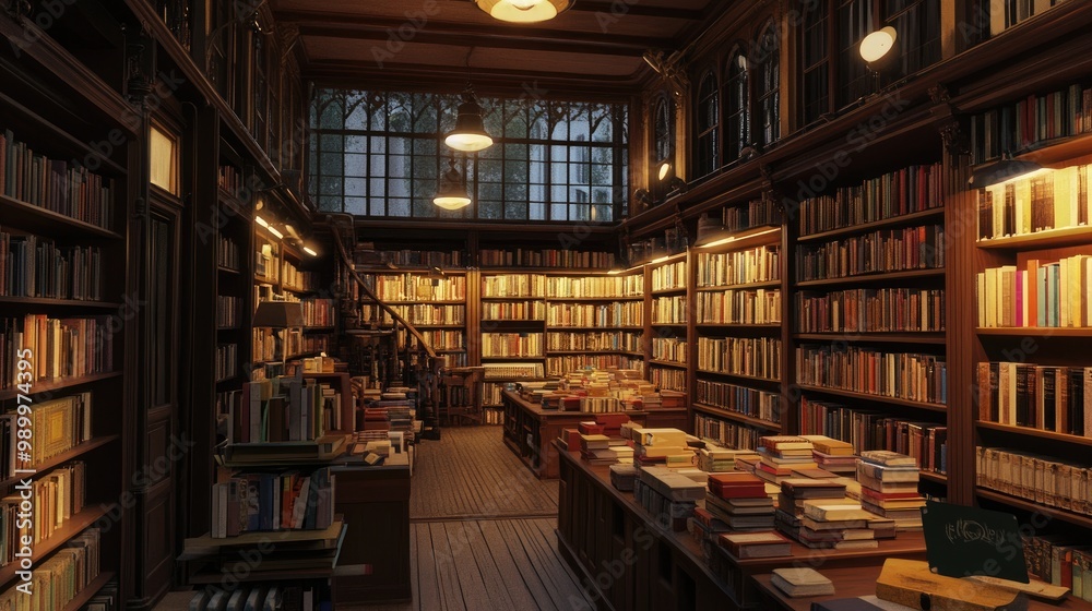 Ambient lighting in a cozy bookstore, casting a soft glow on the rows of bookshelves. - Ambient lighting in a cozy bookstore, casting a soft glow on the rows of bookshelves. -