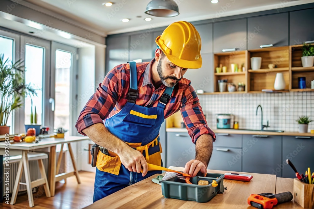 Skilled handyman performing maintenance work with tools in a modern home interior setting Skilled handyman performing maintenance work with tools in a modern home interior setting