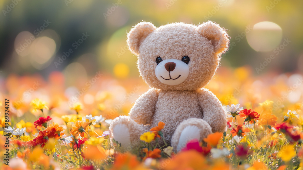 A soft teddy bear surrounded by vibrant flowers in a sunny outdoor setting A soft teddy bear surrounded by vibrant flowers in a sunny outdoor setting