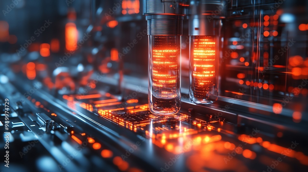 Close-up of futuristic glowing red tubes, illuminated by a network of red lines on a dark metal surface. Close-up of futuristic glowing red tubes, illuminated by a network of red lines on a dark metal surface.
