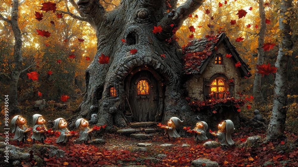 Fototapeta premium Magical Autumn Forest with Fairies and a Cozy Cottage