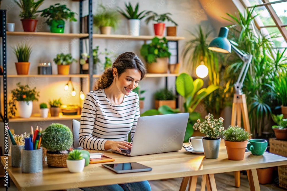 Small business owner managing operations in a cozy workspace filled with creativity and inspiration Small business owner managing operations in a cozy workspace filled with creativity and inspiration