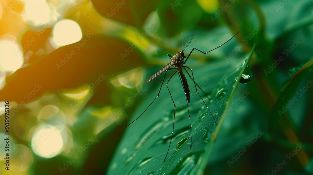 Fototapeta premium Close-up of mosquito resting on leaf in tropical forest, emphasizing its role in transmitting viruses, shallow depth of field.
