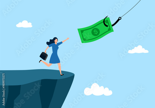 Money trap business concept. Businesswoman running to catch the money flat style design vector illustration. Greedy financial risk and bad solution.