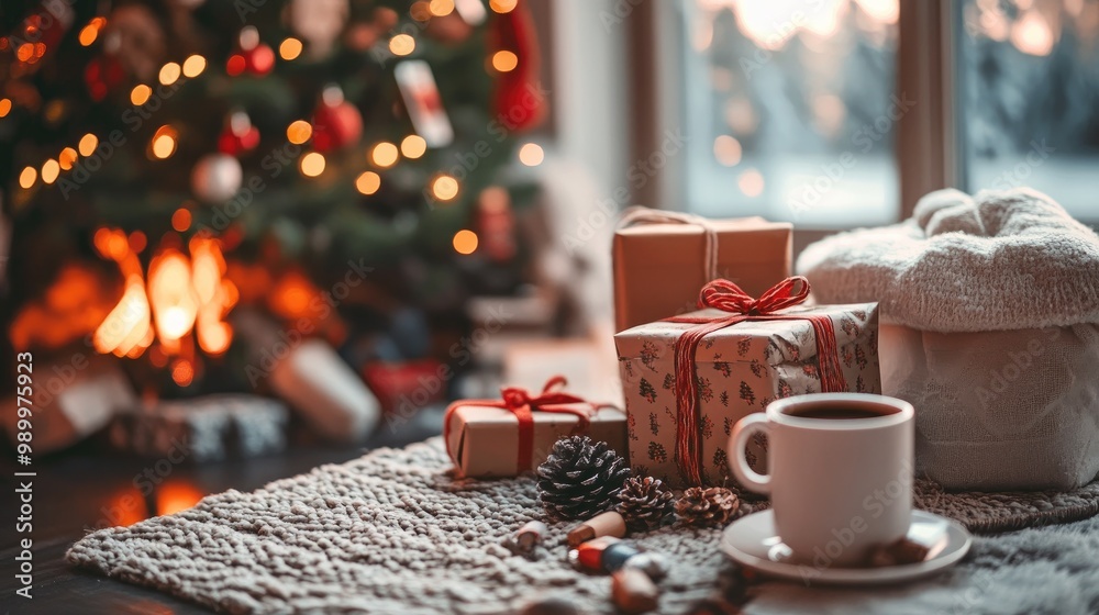 Cozy Christmas morning with presents under the tree, a warm fire, and a cup of hot cocoa on the table. Cozy Christmas morning with presents under the tree, a warm fire, and a cup of hot cocoa on the table.