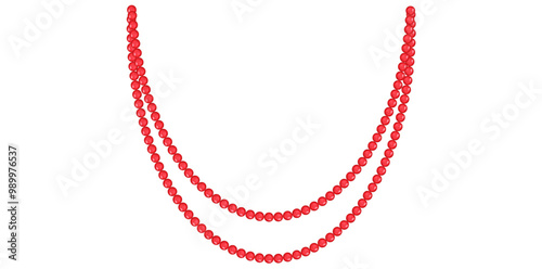 Stunning Red Pearl Necklace On White Background, Vintage Jewelry Beads Garland Vector Illustration.	