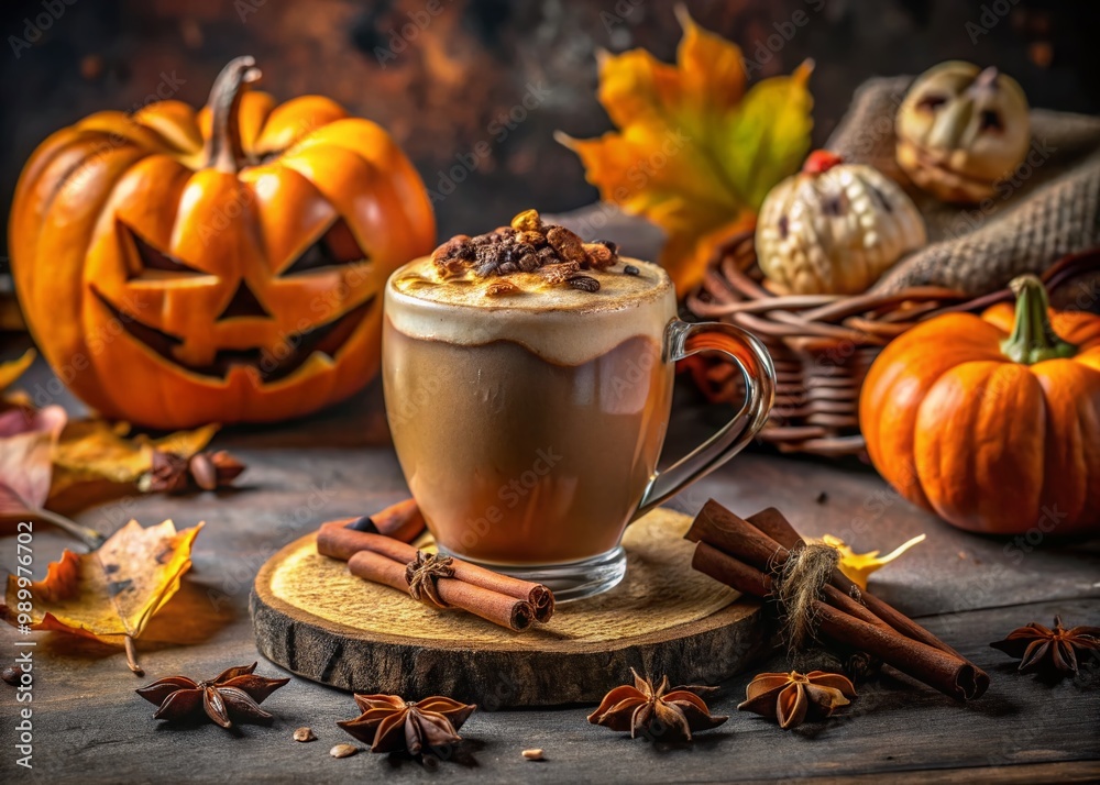 Fototapeta premium Spooky Halloween Coffee with Pumpkin Spice and Creepy Decorations for a Festive Autumn Vibe