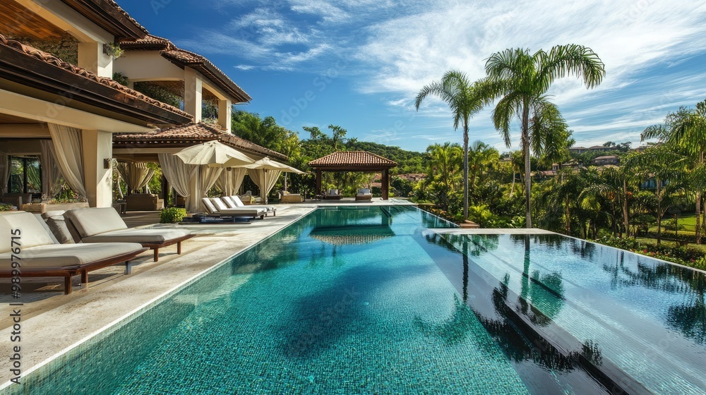 Fototapeta premium Elegant pool area with an infinity pool, luxurious cabanas, and tropical surroundings.