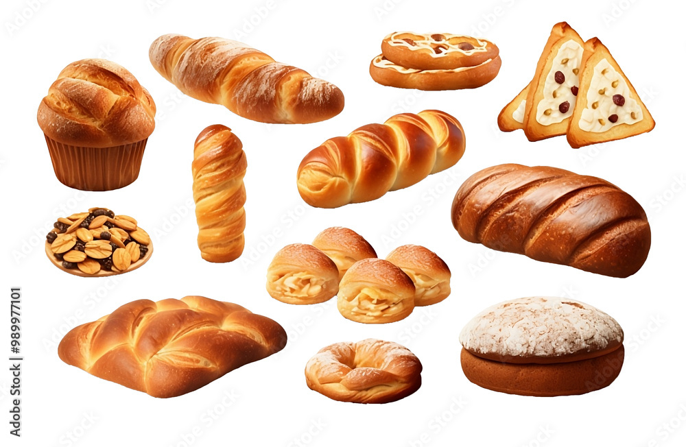 Set of various sweet breads Slices and bakery or pastries, isolated cartoon vector set of bakery products translucent background Set of various sweet breads Slices and bakery or pastries, isolated cartoon vector set of bakery products translucent background