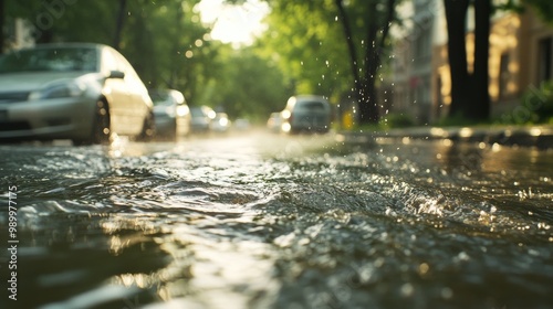 Close-up of water flowing from the street after heavy rain, trees and cars in the background photo