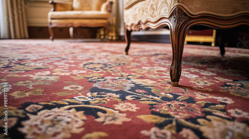A photo of a classic patterned machine-made carpet displays intricate designs and vibrant colors, offering a timeless and elegant touch to the room.