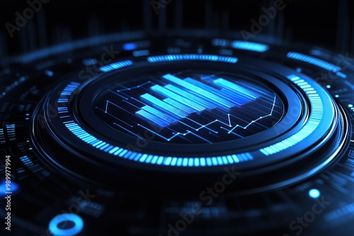 3d icon of blue graph, with bar chart and line graphs on it, in circular shape, with data visualization