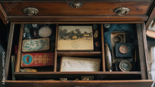 Open drawer of an antique dresser, revealing vintage items inside.