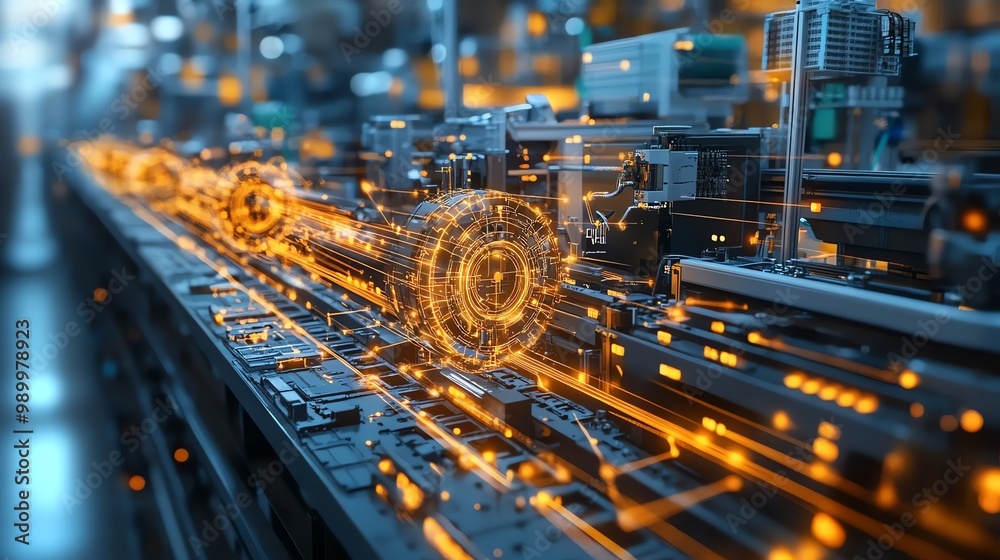 Futuristic industrial factory with glowing lines and a circular object.