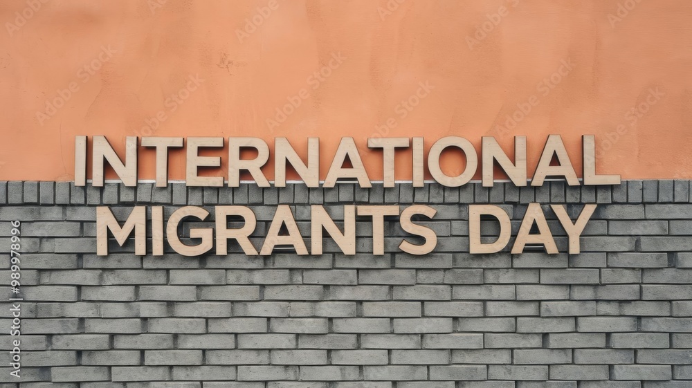 Minimalistic International Migrants Day banner with wooden letters inscription on orange background Minimalistic International Migrants Day banner with wooden letters inscription on orange background