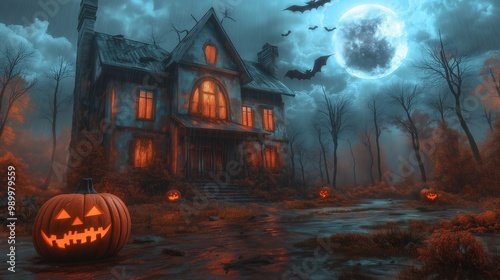 Spooky Haunted House with Jack-o’-Lanterns and Bats photo