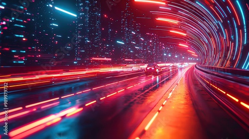 A vibrant city tunnel showcasing dynamic light trails from fast-moving vehicles  creating an energetic urban atmosphere.