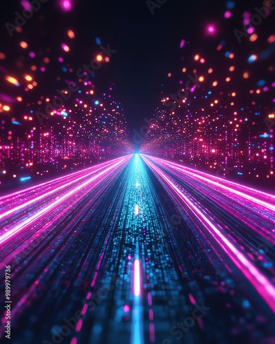 A vibrant digital pathway illuminated by neon lights, creating a mesmerizing futuristic atmosphere of colors and energy.