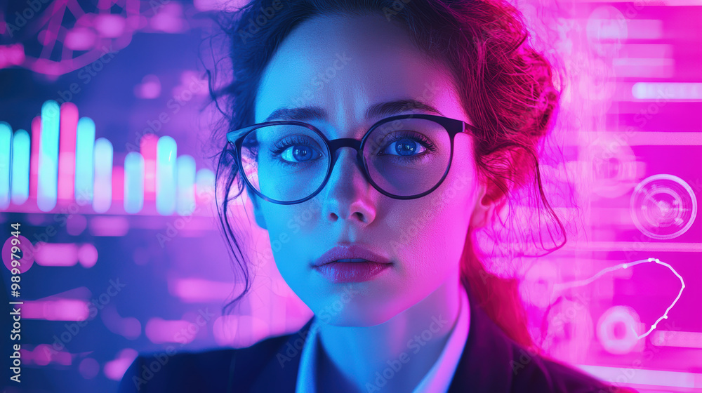 focused business woman with glasses stands against vibrant, tech inspired background, embodying blend of professionalism and modernity focused business woman with glasses stands against vibrant, tech inspired background, embodying blend of professionalism and modernity