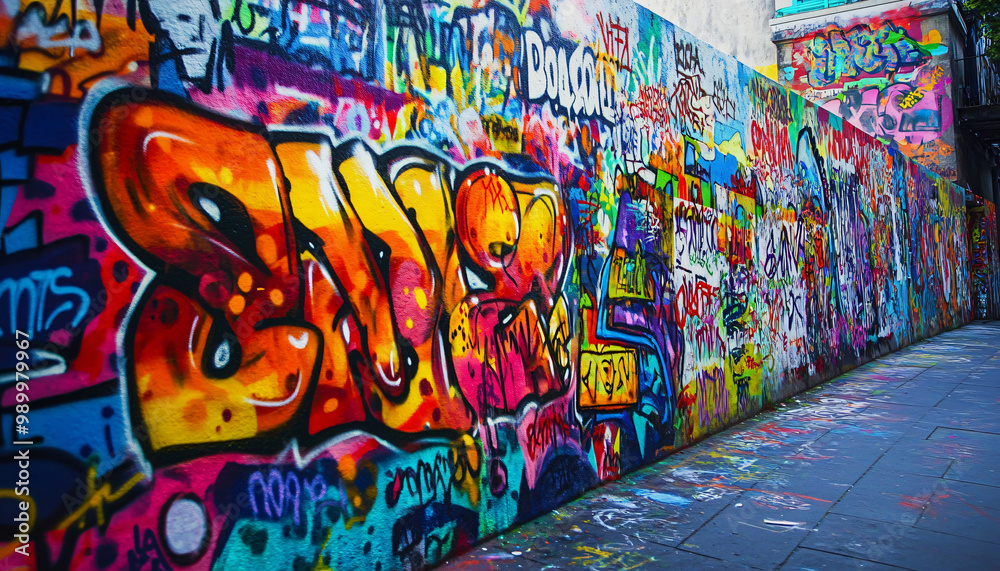 Fototapeta premium A graffiti-covered urban wall, showcasing vibrant colors, bold lines, and an edgy, artistic vibe