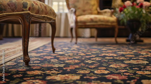 A photo of a classic patterned machine-made carpet displays intricate designs and vibrant colors, offering a timeless and elegant touch to the room.