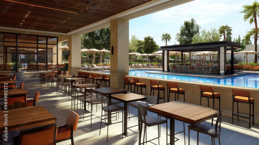 Fototapeta premium Poolside bar and grill area with tables, chairs, and views of the sparkling pool.