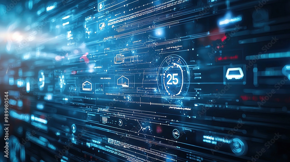 Naklejka premium Futuristic digital interface showcasing data visualization, technology metrics, and interconnected symbols for smart applications.