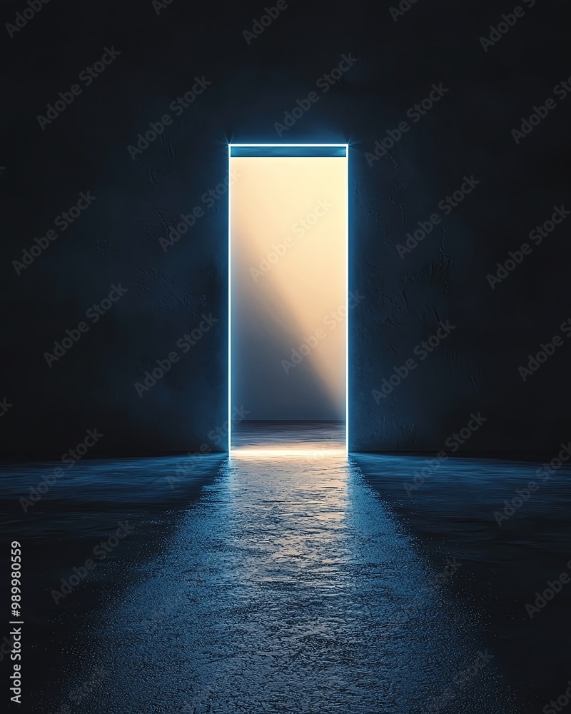 A glowing doorway in a dark room symbolizes opportunity and new beginnings, inviting exploration and discovery beyond. A glowing doorway in a dark room symbolizes opportunity and new beginnings, inviting exploration and discovery beyond.