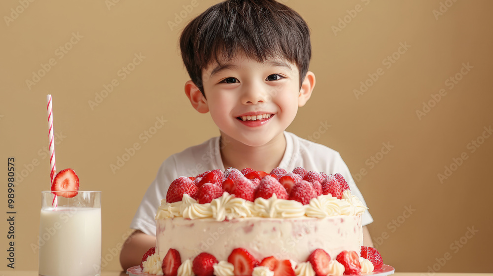 joyful boy smiles brightly beside creamy strawberry birthday cake adorned with fresh strawberries, complemented by glass of milk. This delightful scene captures essence of celebration and happiness