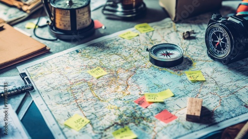 Road map spread across a table with a compass and sticky notes marking locations. photo