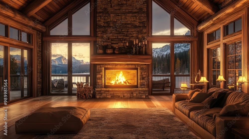 Rustic living room with a stone fireplace and firelight flickering across the walls. Rustic living room with a stone fireplace and firelight flickering across the walls.