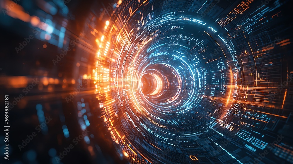 Fototapeta premium Futuristic digital tunnel with glowing orange and blue lines, representing advanced technology and virtual reality.