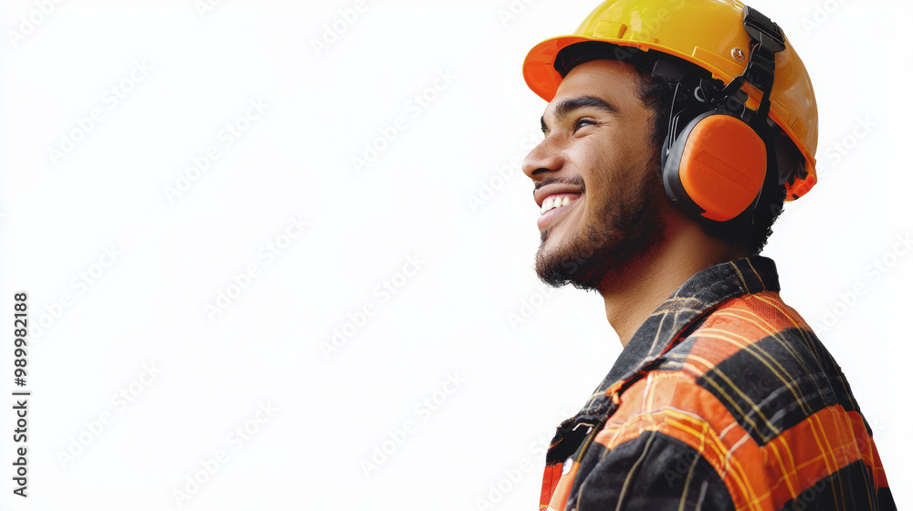 young man wearing safety helmet and ear protection smiles confidently, showcasing his readiness for work in construction environment. His vibrant attire adds to positive energy of scene young man wearing safety helmet and ear protection smiles confidently, showcasing his readiness for work in construction environment. His vibrant attire adds to positive energy of scene