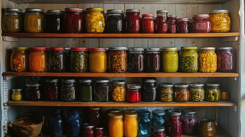 Shelves filled with colorful jars of jam, jelly, and pickles in a country-style pantry.